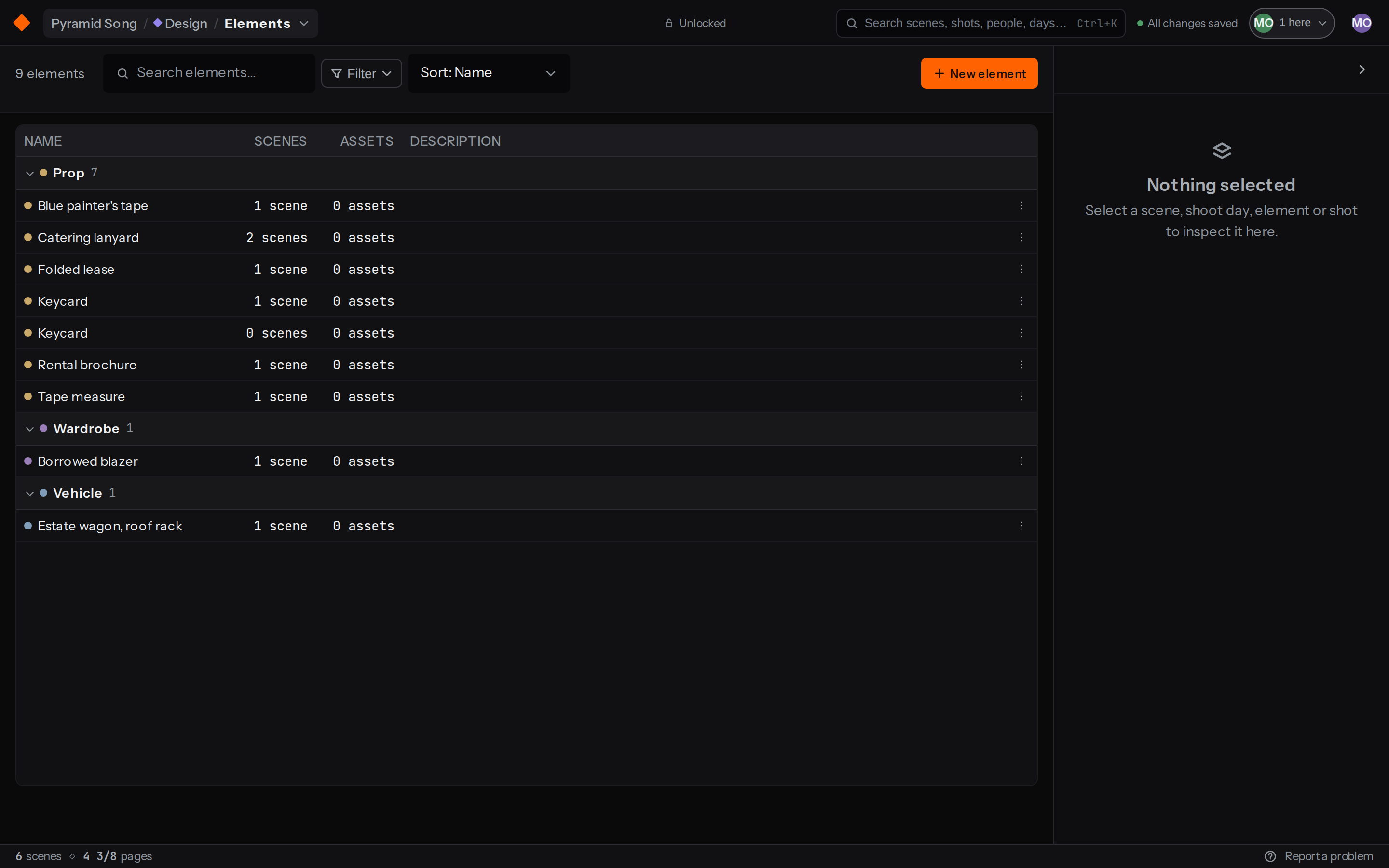 The element catalogue grouped by category, with scene and asset counts on every row.