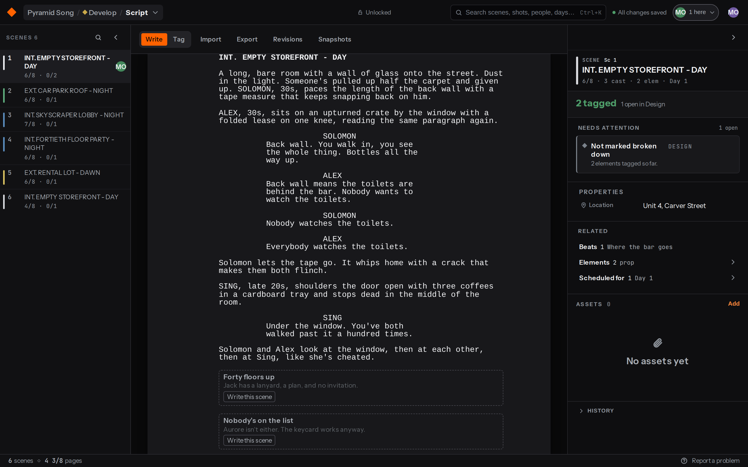 The script in Write mode, with the scene list on the left and the scene’s production data on the right.